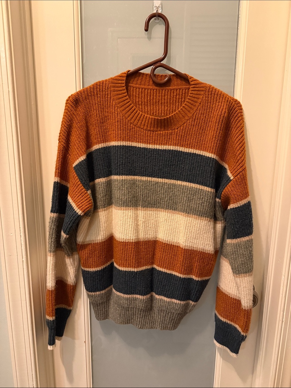 Men's Striped Crewneck Sweater in Rust, Navy & Cream